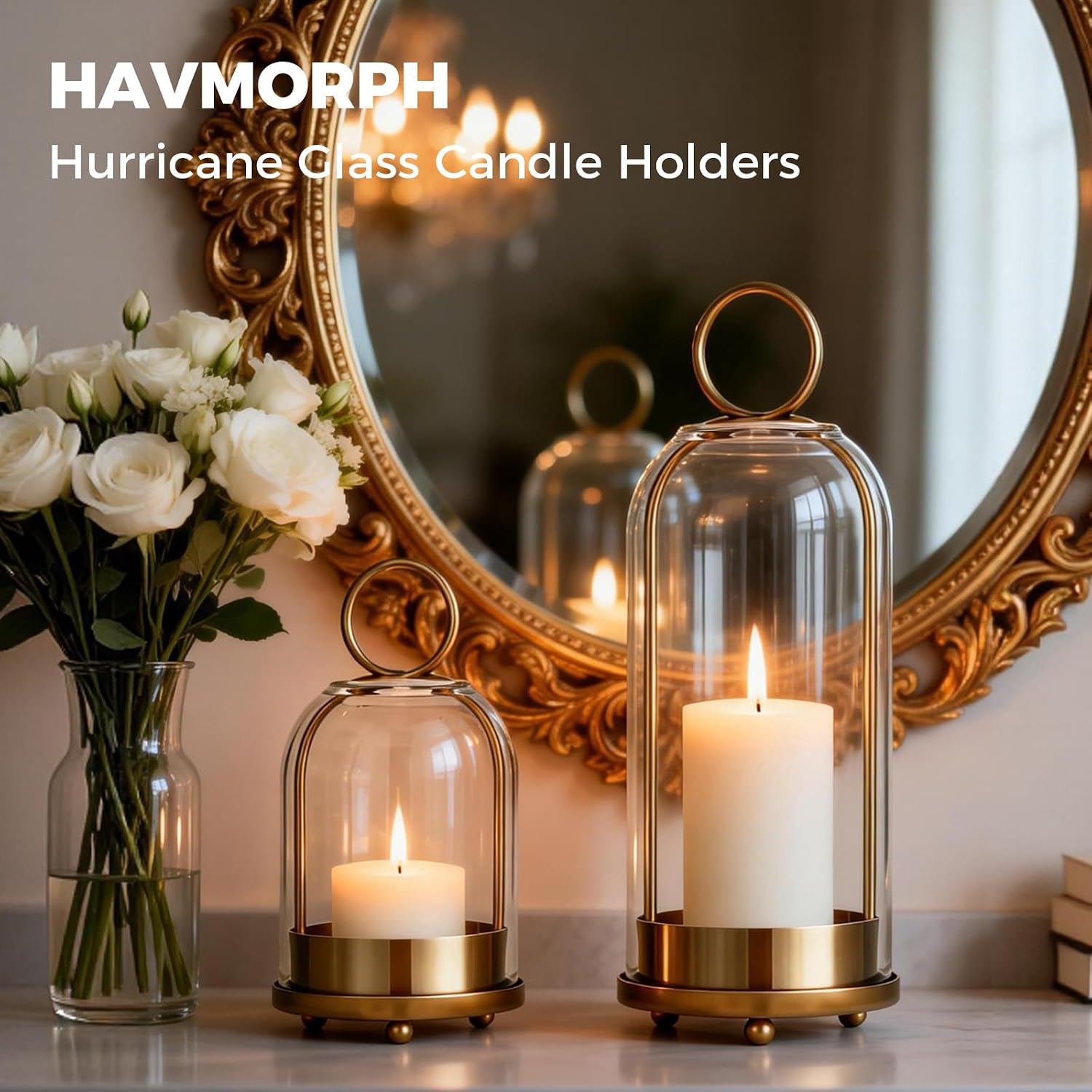 5"&4" Hurricane Glass Candle Holders, Hanging Brass Metal Candle Holder for Pillar Candles Table Coffee Table Decor Interior Decoration