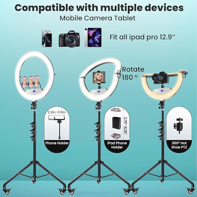 MACTREM 22" Foldable Ring Light with Stand for iPhone ipad, 75" Tripod with Wheels 50W 6500K LED Display/2 USB Ports Large Ringlight Rolling, Tattoo Barber Makeup Studio Video Photography Lighting