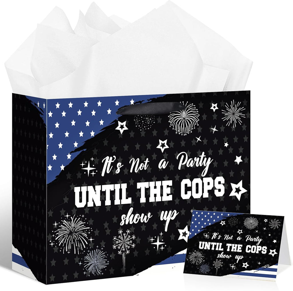 LUUFILx Police Gift Bag for Men Women It's Not a Party Until The Cops Show Up with Wrapping Paper Card Black White and Blue American Flag Police Theme Decor for Birthday Grad Retirement Party(Blue)