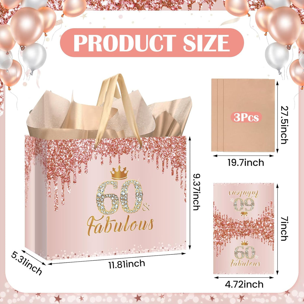 Yoirrat Rose Gold 60th Birthday Gift Bag for Women 60 & Fabulous Large Pink Happy 60th Birthday Gift Bag with Wrapping Paper and Card for 60th Bday Decorations Party Supplies