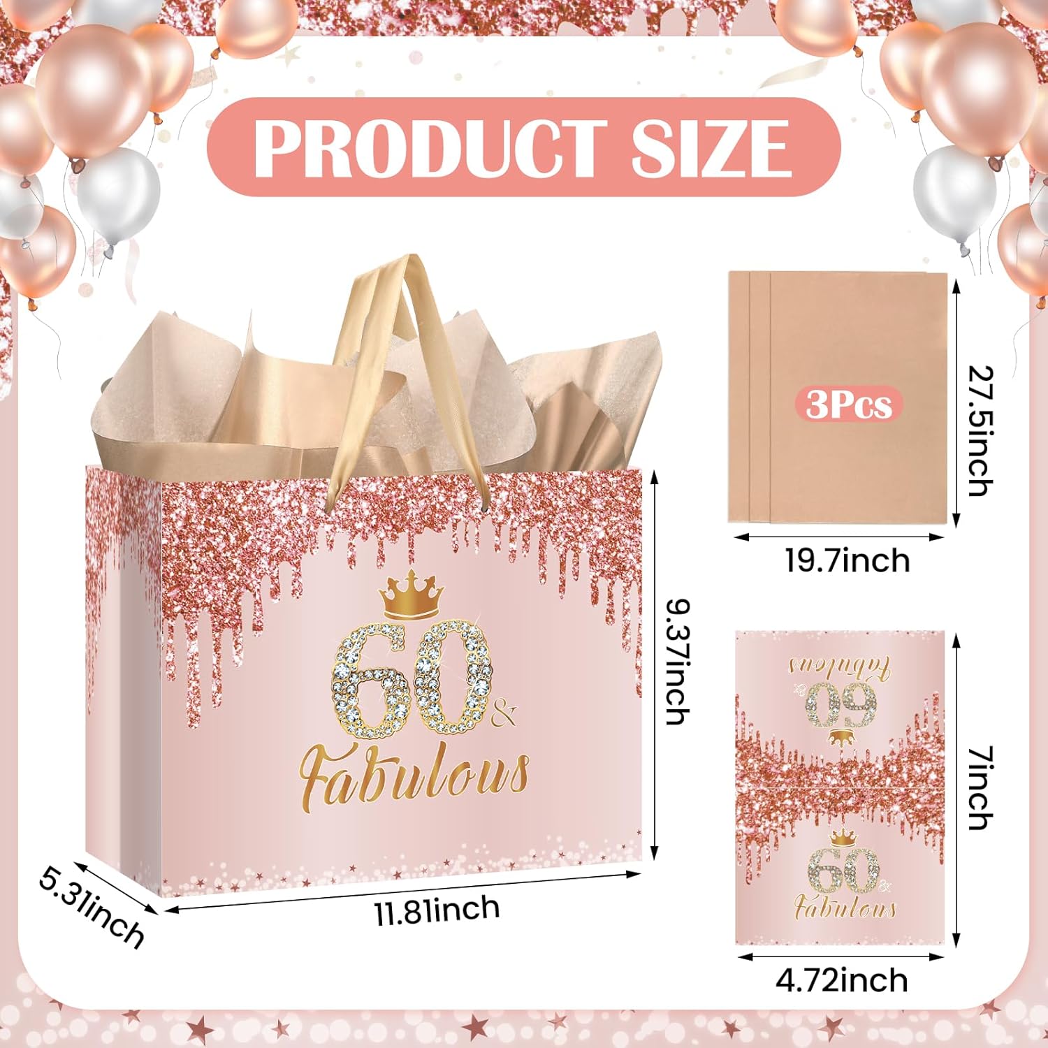 Yoirrat Rose Gold 60th Birthday Gift Bag for Women 60 & Fabulous Large Pink Happy 60th Birthday Gift Bag with Wrapping Paper and Card for 60th Bday Decorations Party Supplies