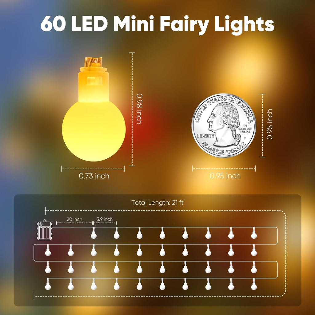 Minetom Battery Operated String Lights, 21FT 60 LED Globe Fairy Lights with Remote, Waterproof Twinkle Lights for Indoor Outdoor Bedroom Classroom Camping Patio Birthday Christmas Decor, Warm White