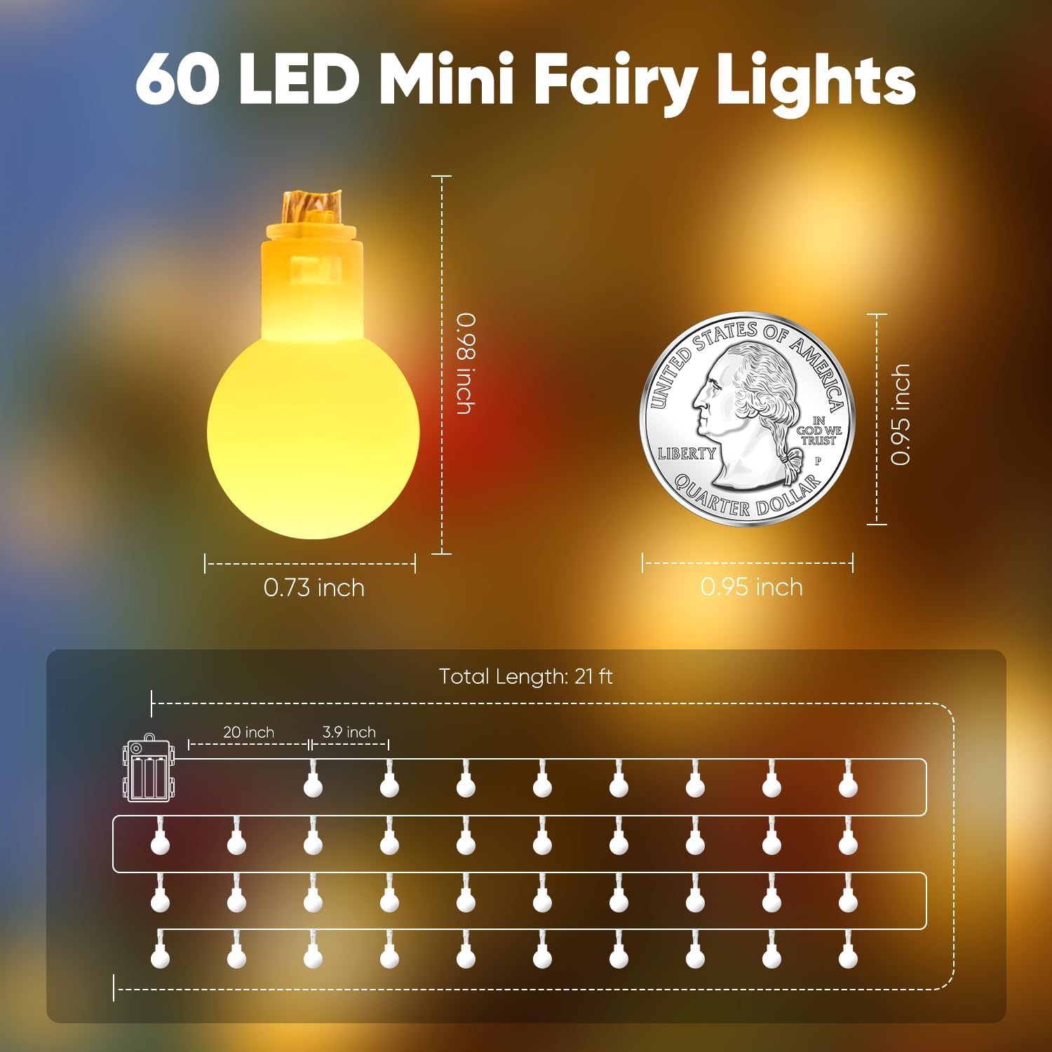 Minetom Battery Operated String Lights, 21FT 60 LED Globe Fairy Lights with Remote, Waterproof Twinkle Lights for Indoor Outdoor Bedroom Classroom Camping Patio Birthday Christmas Decor, Warm White