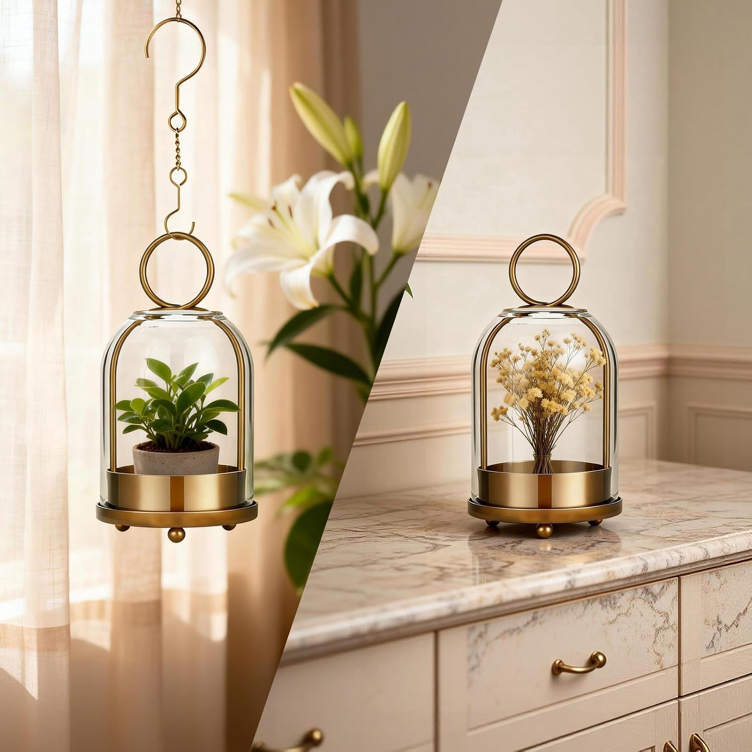 5"&4" Hurricane Glass Candle Holders, Hanging Brass Metal Candle Holder for Pillar Candles Table Coffee Table Decor Interior Decoration