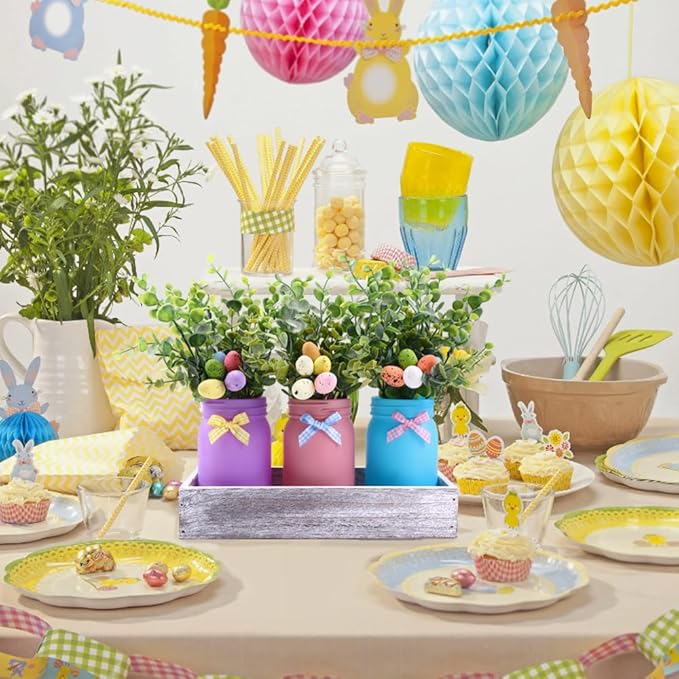 DIYDEC 3PCS Easter Mason Jars 3 * 5Inch Easter Painted Tiered Tray Decorative Jars with Wood Tray &Artificial Flowers Farmhouse Bottles for Holiday Spring Home Table Centerpiece Decor Gifts