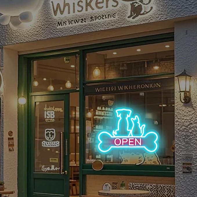 Pet Shop Open Neon Sign LED Dog And Cat Open Sign Bright Pet Grooming Salon Light Animal Shelter Storefront Decor Vet Clinic Window Sign, Ice Blue+Light Pink, 16.5"x12.4"