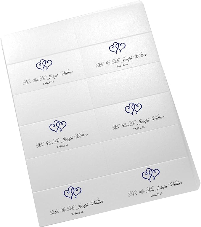 Linked Hearts Printable Place Cards, Navy (Choose Color), Set of 60 (10 Sheets), Laser & Inkjet Printers - Wedding, Party, Dinner, and Special Events - Made in the USA