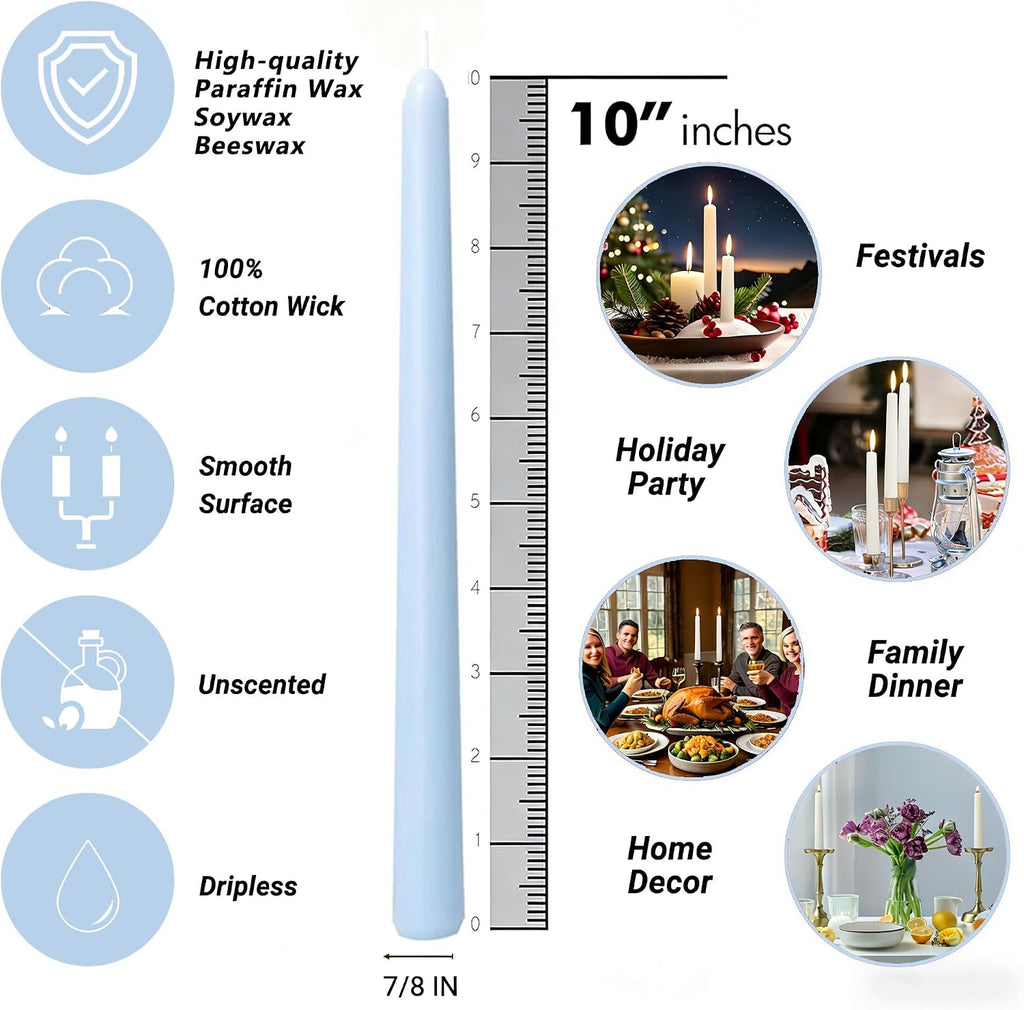 20-Pack Ice Blue Taper Candles Unscented, 10 Inch Tall Dinner Table Candles for Winter Wedding Centerpieces, Bulk Candlesticks Smokeless Dripless, Cool Blue Decorative Candle for Home Decor