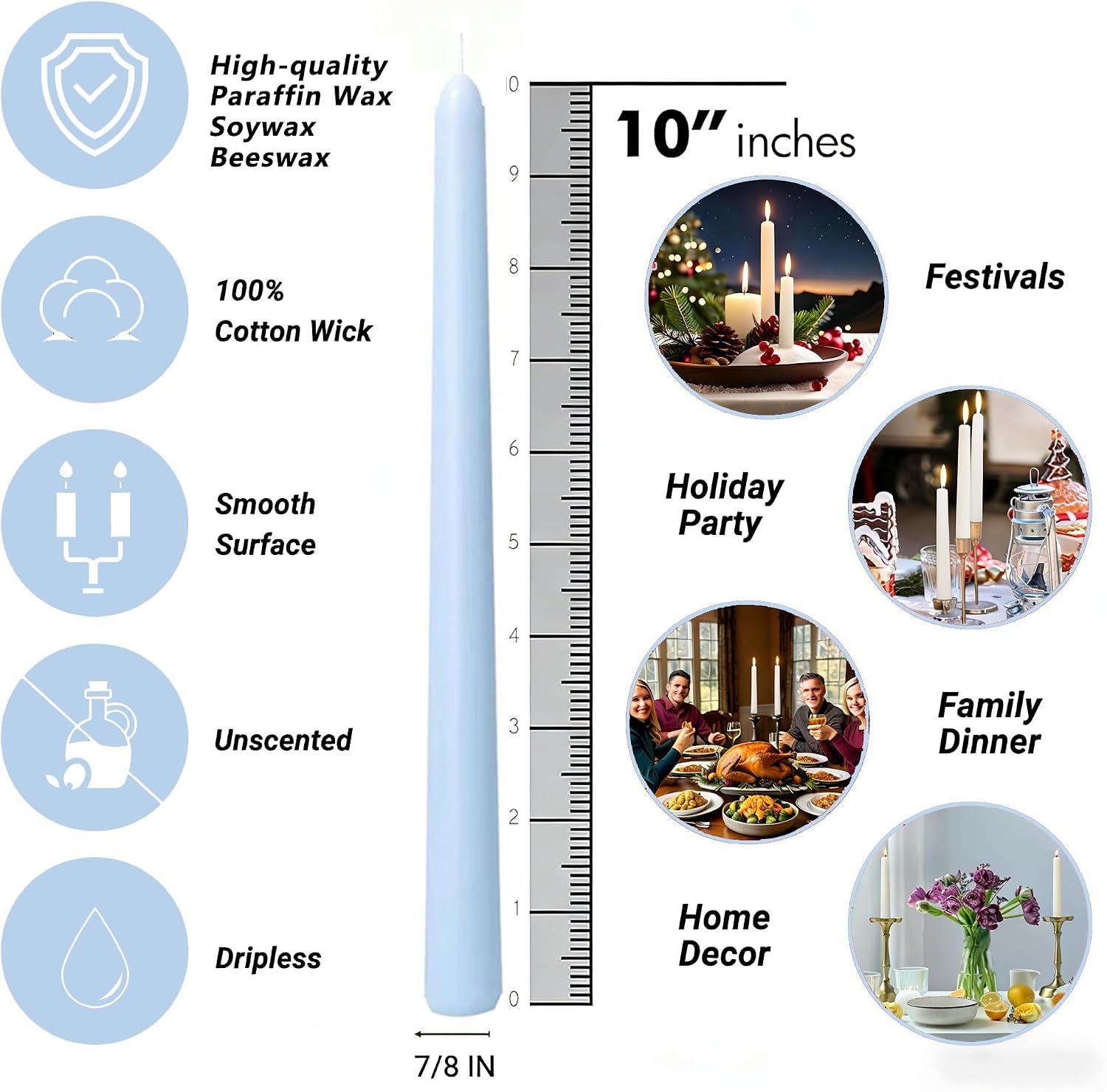20-Pack Ice Blue Taper Candles Unscented, 10 Inch Tall Dinner Table Candles for Winter Wedding Centerpieces, Bulk Candlesticks Smokeless Dripless, Cool Blue Decorative Candle for Home Decor
