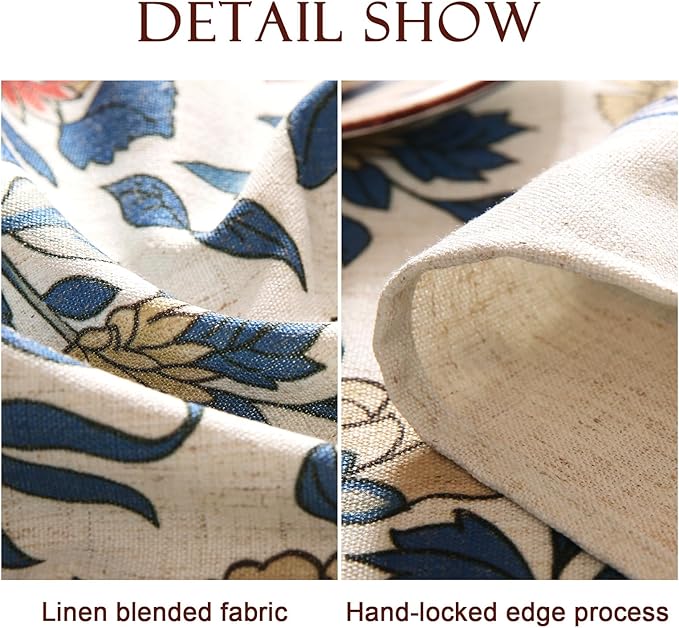 patdrea Designer Blue Tablecloth for Rectangle Table,Vintage Linen Leaves and Floral Pattern Extra Long Tablecloths,Farmhouse Decor Cover for Kitchen Dining Christmas,Thanksgiving,63"x110"-Ivar a