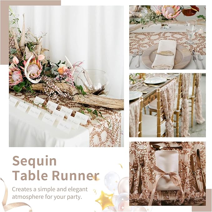 Wedding Sequin Table Runner Rose Gold Flower 10 Packs 12x108 Inch Glitter Table Runners for Banquet Table Decoration Sparkly Table Overlay