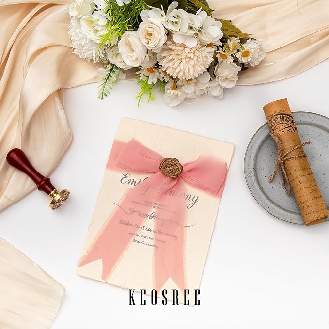 3 Rolls Blush Pink Handmade Chiffon Ribbon,1.5" x 21Yd Frayed Fringe Silk Ribbons (3 Rolls *7Yd) for Gifts Wrapping, Wedding Invitations, Bridal Bouquets, Decorations