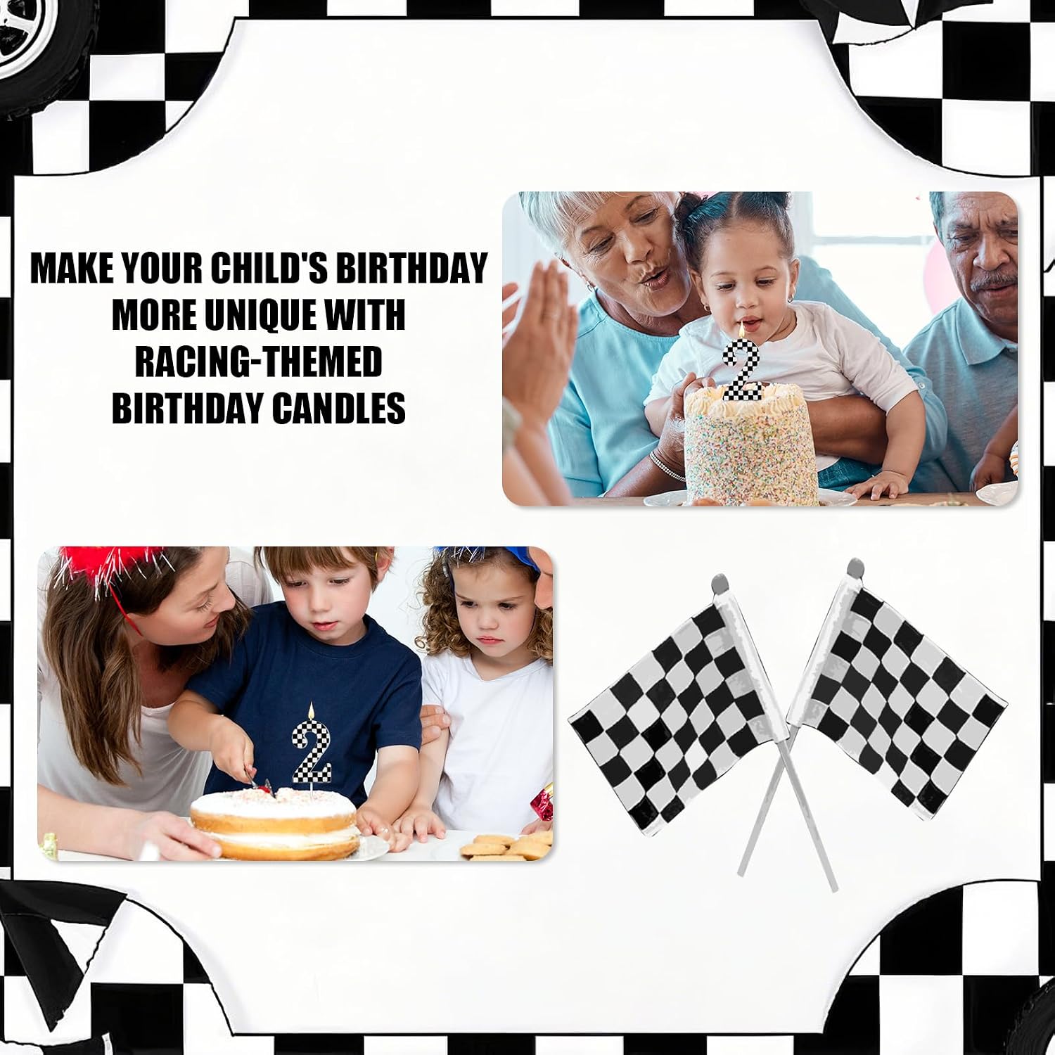 Racing Cars Themed Birthday Candle, Checkered Flag Number Candles Black and White Candles Happy Birthday Cake Topper Party Decorations for Boys Racing Cars Themed Party Supplies (Number 2)