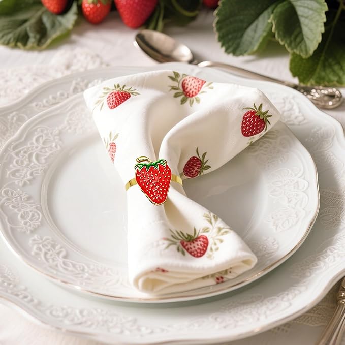 Gold Strawberry Napkin Rings Set of 8 Fall Fruit Napkin Ring Holders for Garden Weddding,Rustic Farmhouse Napkin Rings for Christmas Thanksgiving Day Family Gathering Dinner Table Decor