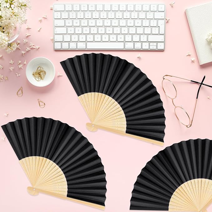 24 Pieces Black Hand Held Bamboo Folding Fans Paper Fans Handheld for Women Foldable Girls Wedding Decoration Church Home Party Favors Summer