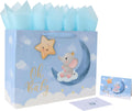 16.5'' Extra Large Baby Boy Gift Bag Set with Handles, Greeting Card, Blue Tissue Papers and Stickers for Boys Kids for Baby Shower, Boys' Birthday Party, Newborn, New Moms, Little One, 1st Baby, Elephant and 3D Star Design, 1 Pcs