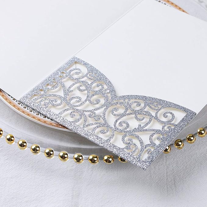 PONATIA 5.12 x 7.2 Laser Cut Invitation Pocket, 20 Tri-Fold 5 x 7 Laser Cut Wedding Invitation Pockets with Envelopes for Wedding Bbay Shower Birthday Sweet 16 Invite (Silver Glitter, No Inner Sheet)