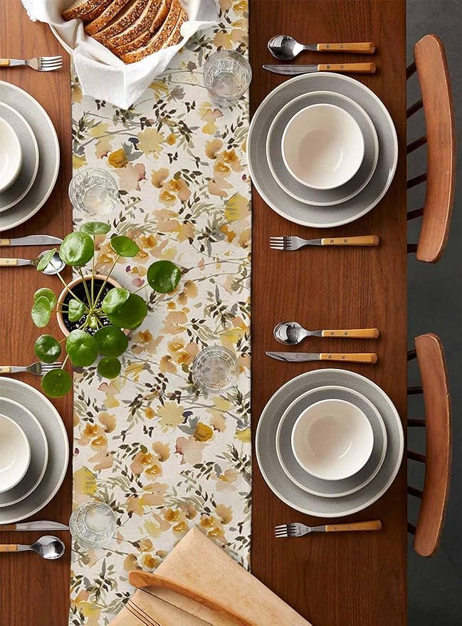 Vintage Orange Flower Cotton Linen Table Runner for Dining Kitchen, Wedding Outdoor Party Tablerunners Decoration, Farmhouse Botanical Floral Retro Dresser Scarf Coffee Tablecloth Runners 13x48 Inches