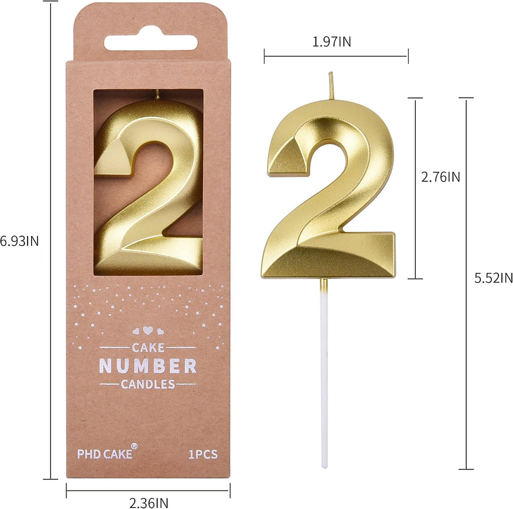 PHD CAKE 2.76 Inch Diamond Gold 2 Number Birthday Candles, Gold Number Candles, Cake Number Candles, Party Celebration