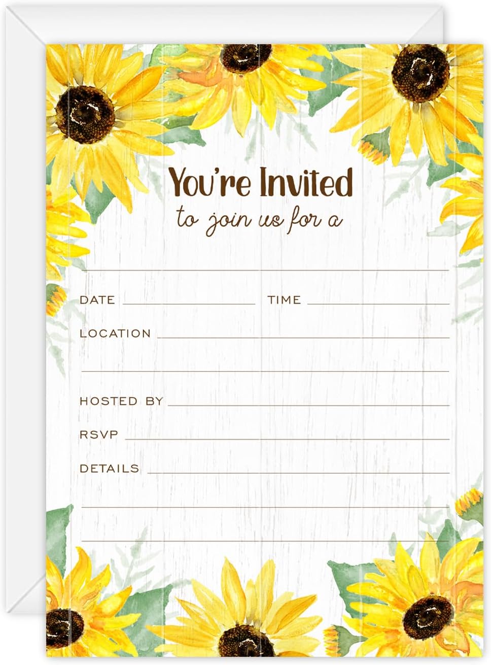 Canopy Street Sunflower Fill In Invitations / 25 Single Sided All Occasion Invites With White Envelopes / 5" x 7" Flat Rustic Floral Invite/Made In The USA