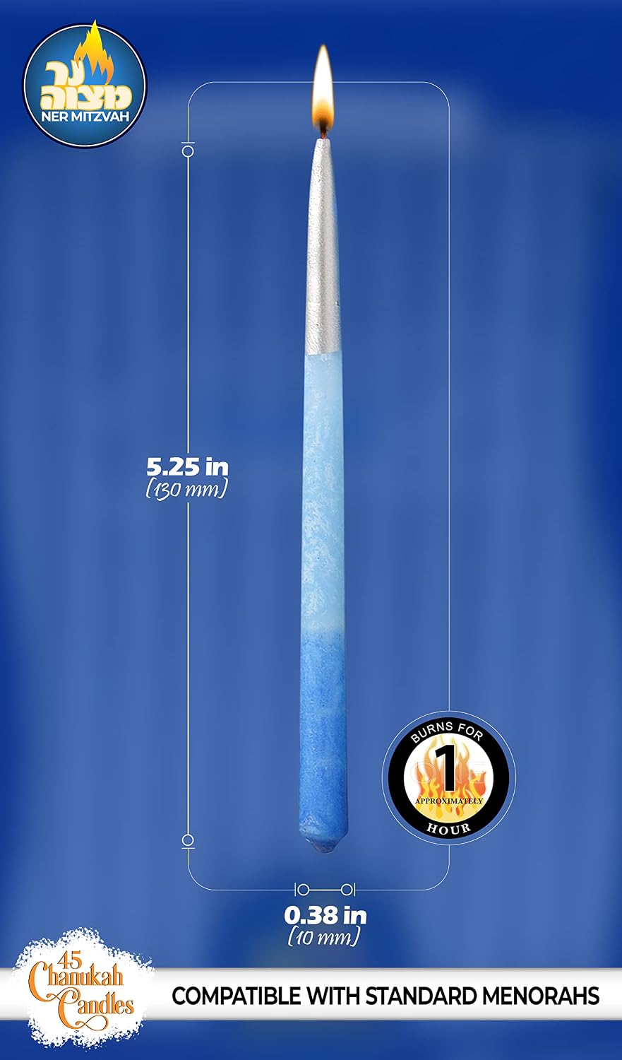 Ner Mitzvah Hanukkah Candles, Ombre Blue and Silver Dripless Chanukah Candle, Premium Quality Wax - 45 Candles for All 8 Nights