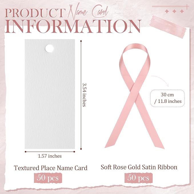 50 Pcs Name Place Cards for Table Setting Blank Wedding Place Cards with Satin Ribbon 1.57 x 3.54 Inch Hanging Gift Tags for Wedding Dinner Banquet Party Table Setting Supplies(Rose Gold)