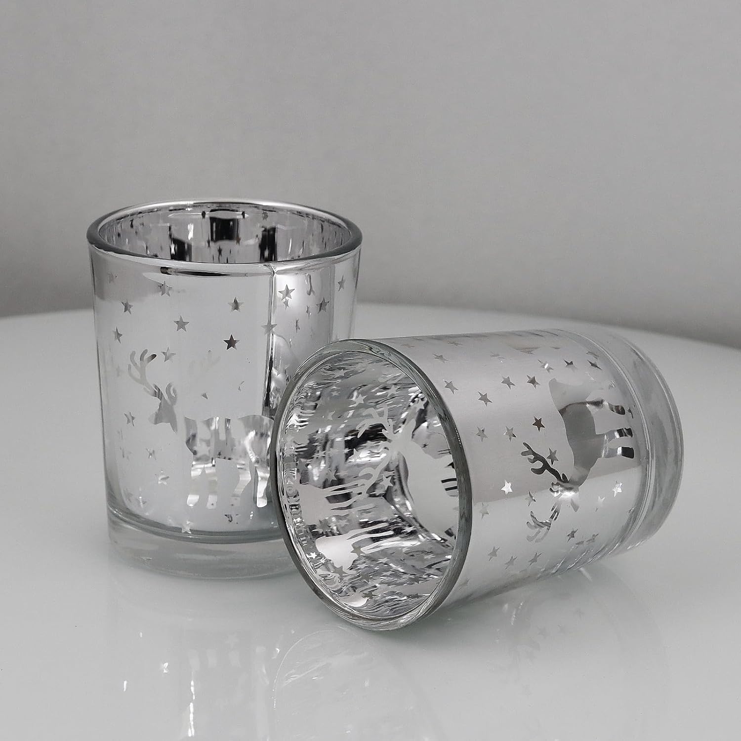 Silver Votive Tealight Candle Holders 12PCS Christmas Candle Holders with Carved Reindeer for Xmas Table Centerpiece Decoration