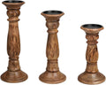 Rustic Wooden Candle Holder Set of 3, Hand-Carved Mango Wood with Elegant Design, Vintage Unique Carving Home Décor Pillar & Tea Light Candle Stands, Boho Chic Accent - 14,12,10 Inch Burnt