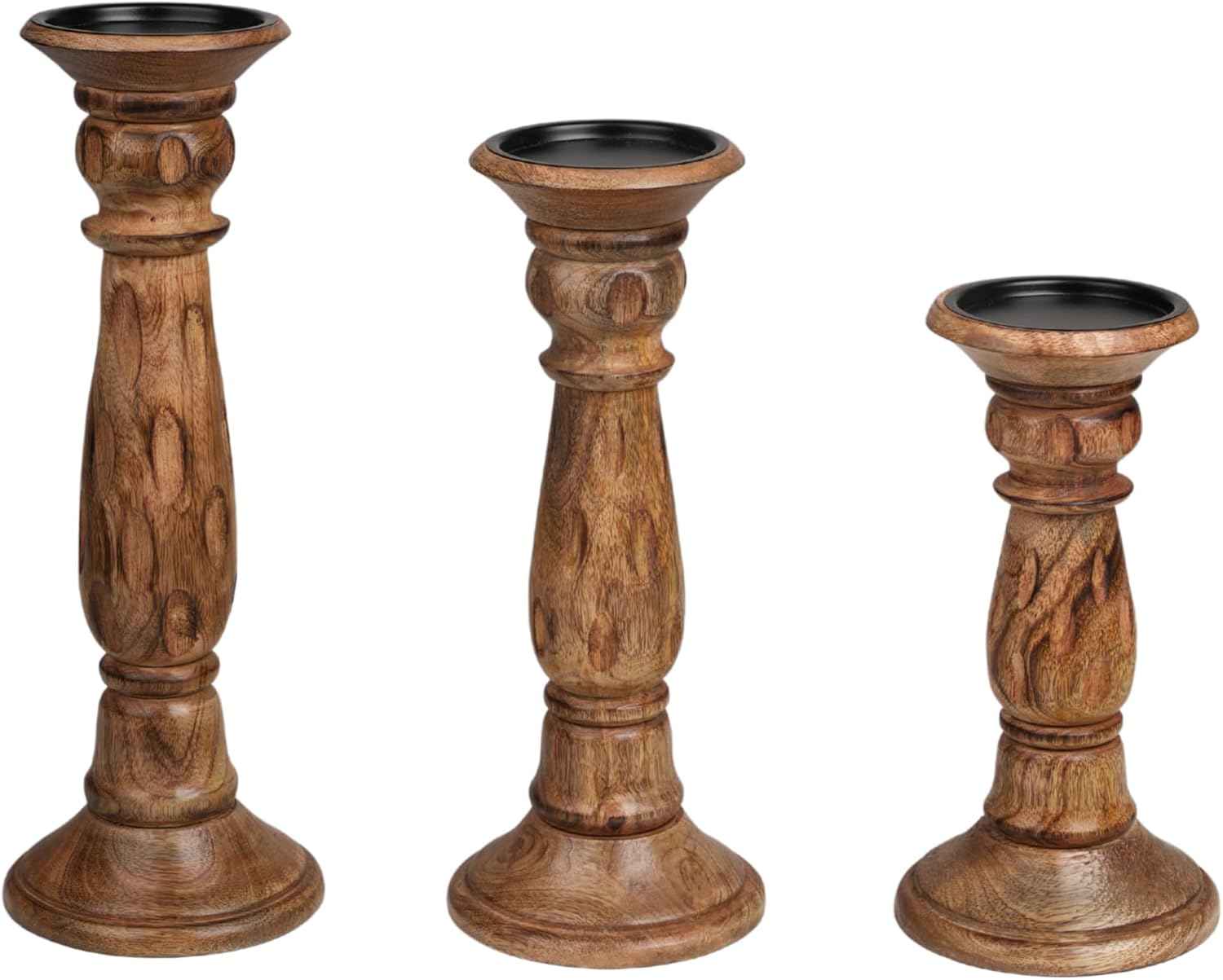 Rustic Wooden Candle Holder Set of 3, Hand-Carved Mango Wood with Elegant Design, Vintage Unique Carving Home Décor Pillar & Tea Light Candle Stands, Boho Chic Accent - 14,12,10 Inch Burnt
