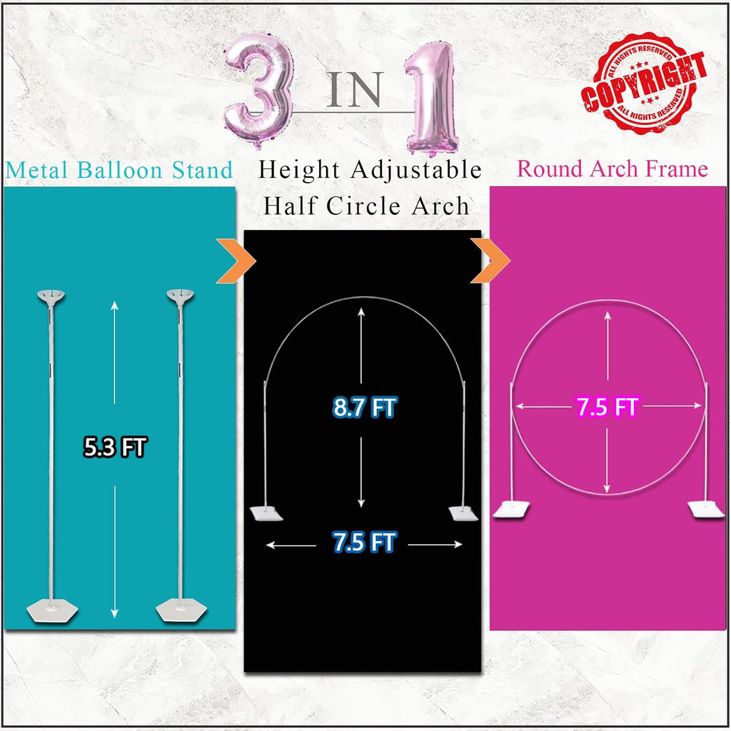 decojoy balloon arch stand, 7.5ft large round backdrop showing dimensions
