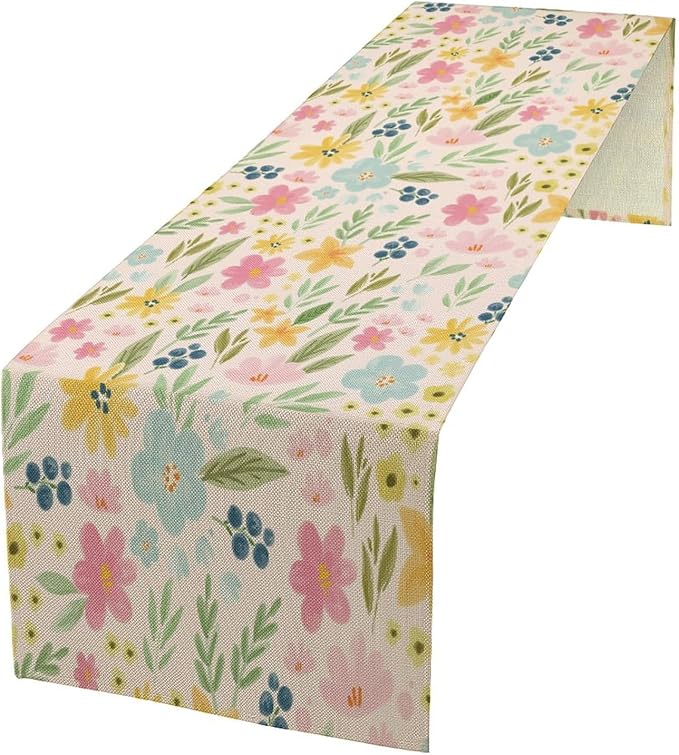 Floral Table Runner, Boho Style Watercolor Flower Green Leaf Plant Rectangle Table Decoration for Dining, Party, Holiday,13in（33cm） W * 108in（274cm） L