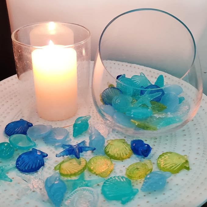Blue Sea Shells Starfish Conch Acrylic Gems Under The Sea Party Decorations Gemstones for Mermaid Party Favors Decorations,Beach Theme,Vase Filler, Table Scatters, Fish Tank Decorations,14 OZ
