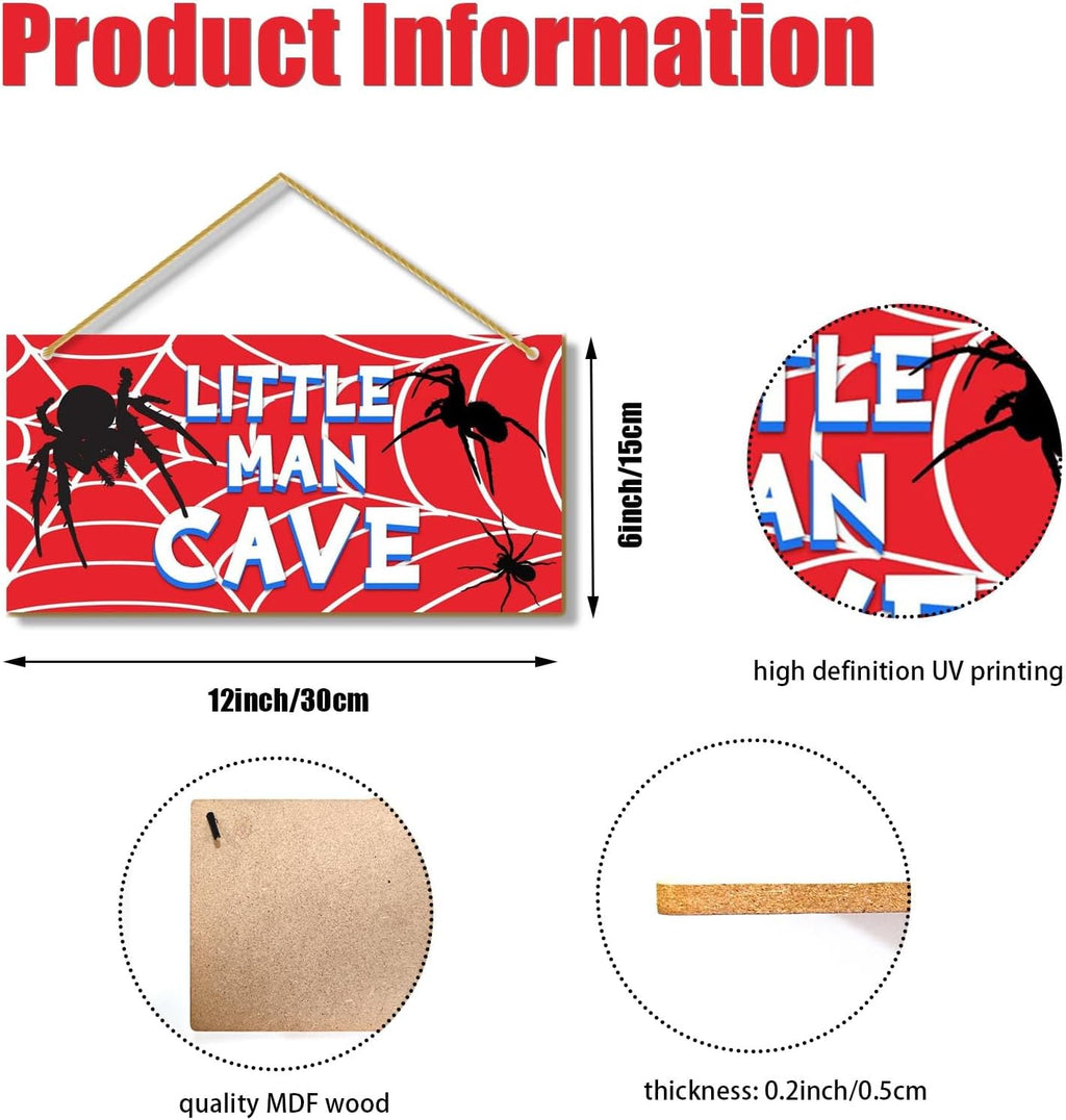 Little Man Cave, Spider Room Decor for Boys Wooden Door Sign Baby Boys Bedroom Wall Decorations for Nursery Toddler Nursery Playroom Wall Art
