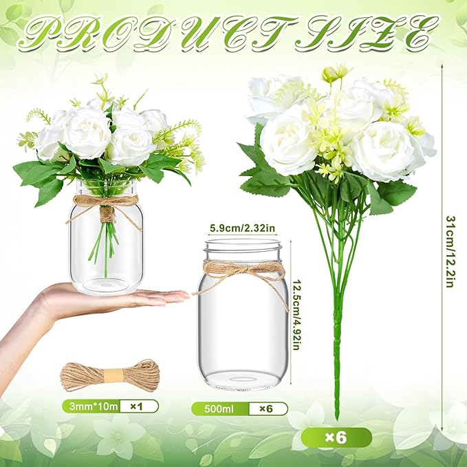 6 Set Centerpiece Table Decorations Mason Jar Table Centerpiece with Flower Mason Jar Wedding Centerpieces Vases Decor for Reception Engagement Party Bridal Shower (White Rose)