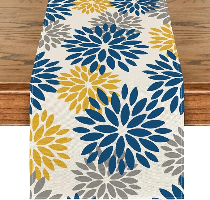 Artoid Mode Blue Dahlia Floral Pinnata Summer Table Runner, Spring Kitchen Dining Table Decoration for Home Party Decor 13x90 Inch