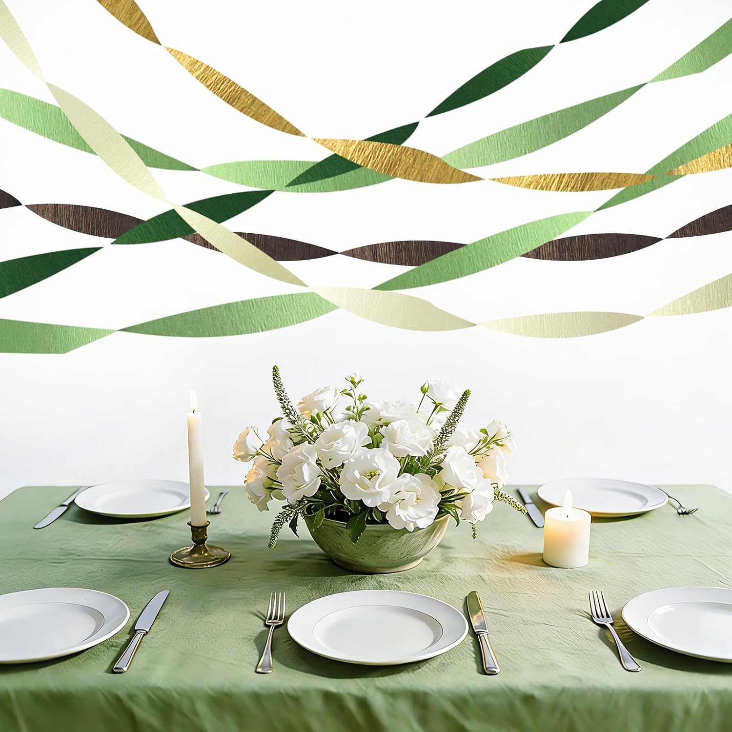 AOYOO 5 Rolls Crepe Paper Streamers - Sage Olive Green, Gold & Ivory Party Decorations for Wedding, Bridal Shower, Engagement, Boho Eucalyptus Birthday Backdrop St. Patrick's Day (Not Fabric Ribbon)