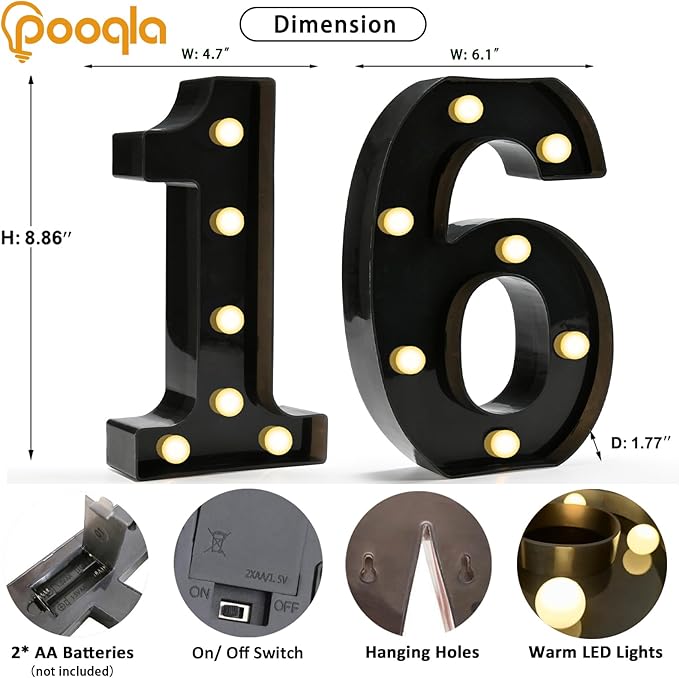 Pooqla Decorative Led Light Up Number Letters, Black Plastic Marquee Number Lights Sign for 16th Birthday Party Wedding Decor Battery Operated Black Decoration 16