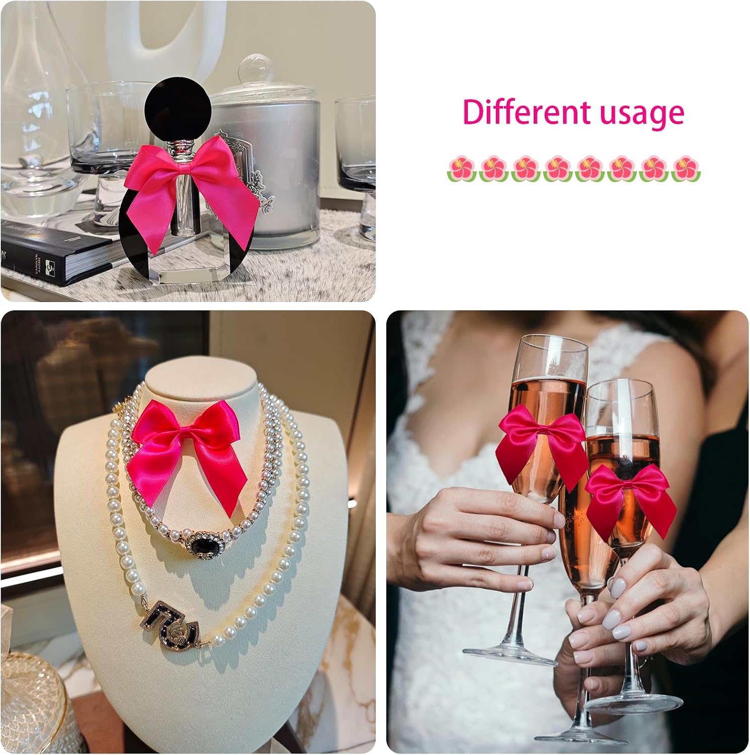 50PCS Hot Pink Bows, Twist Tie Decor with Tape (2.7x2.5 Inch) | for Gift Wrapping Double-Sided Tape Bows Treats Bags Wrapping Wedding Decorations