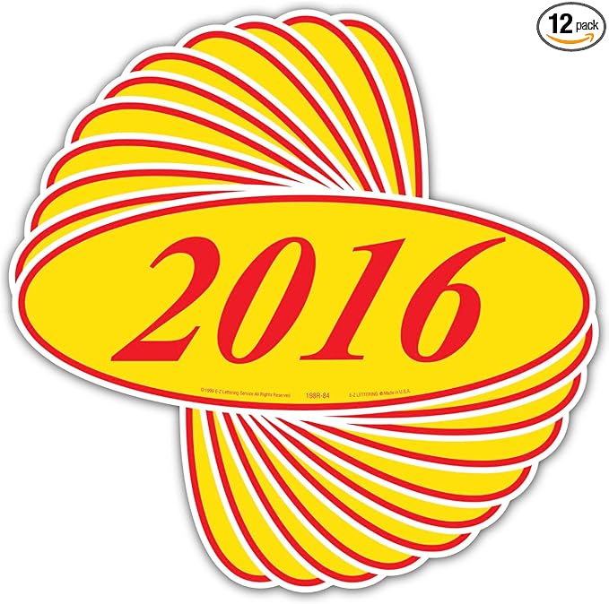 EZ-Line Oval Model Windshield Year Stickers for Car Windows Red and Yellow Large Vinyl Dealership Supplies 1 Dozen Pro Pack (2016)