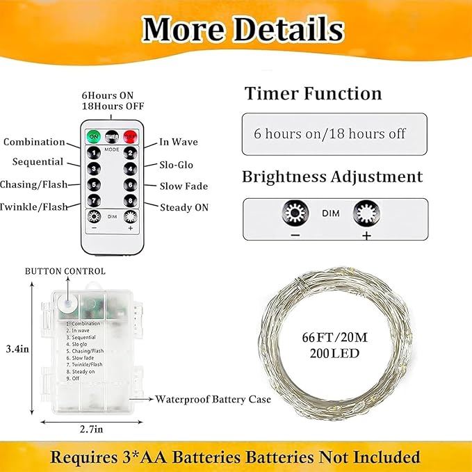 2-Pack Fairy Lights Battery Operated with Remote, Waterproof 66FT 200 LED Battery String Lights Outdoor Indoor, 8 Modes Twinkle Lights with Timer for Bedroom Wedding DIY Christmas Decor (Warm White)