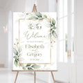 Personalized Wedding Welcome Sign, Greenery Eucalyptus Sage Gold Wedding Sign Signage 12" X 18" (Small), 27" (Medium), 36" (Large), Plastic, Modern, Pole Mount, Weather