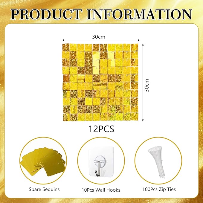 12PCS Gold Shimmer Wall Backdrop, Laser Square Sequin Photo Backdrops Panel, Glitter Wall Background for Birthdays, Weddings, Christmas, Engagements, Disco Bachelorette Party Decoration (3FTx4FT)