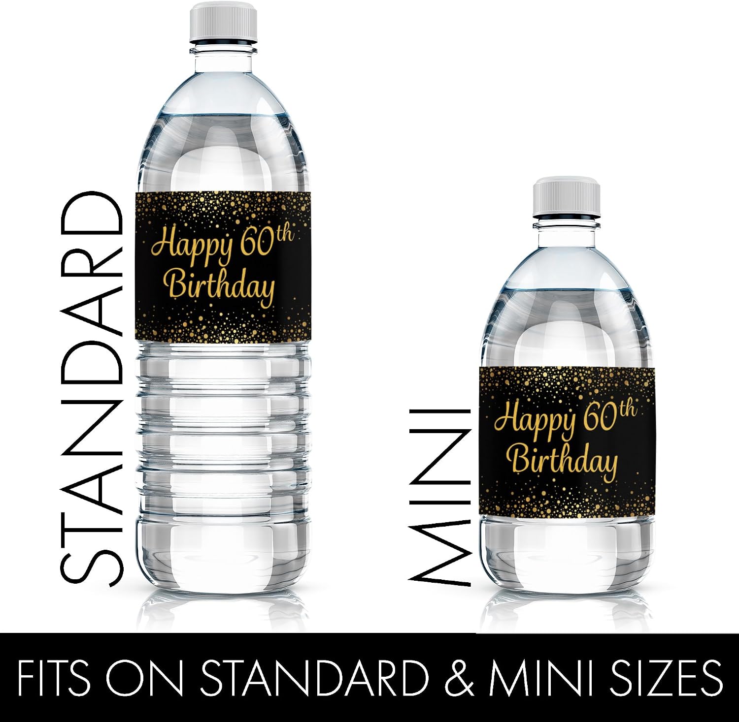 Black and Gold 60th Birthday Party Water Bottle Labels - 20 Stickers, 60th Birthday Decorations