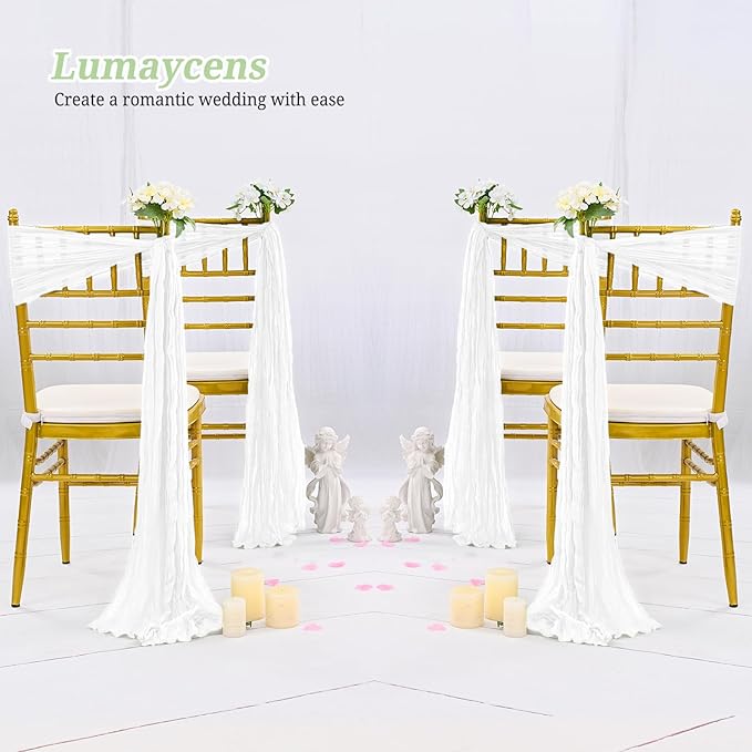 50 PCS Cheesecloth Chair Sashes Bows Wedding Aisle Decorations Chair Ribbon Ties Back Sash for Wedding Party Events Banquet Chair Cover Decoration (White)