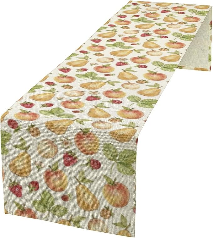 Vintage Spring Summer Fruit Table Runner Watercolor Pear Strawberry Leaves Dinner Runner for Farmhouse Party Holiday Home Kitchen Dining Table Decor 13x90