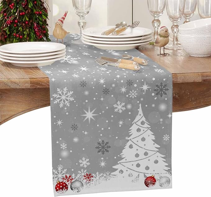 Christmas Snowflakes Cotton Linen Table Runner for Dining Kitchen, Xmas Tree Snow Winter Wedding Outdoor Party Tablerunners Decoration, Grey Balls Dresser Scarf Coffee Tablecloth Runners 13x70 Inches