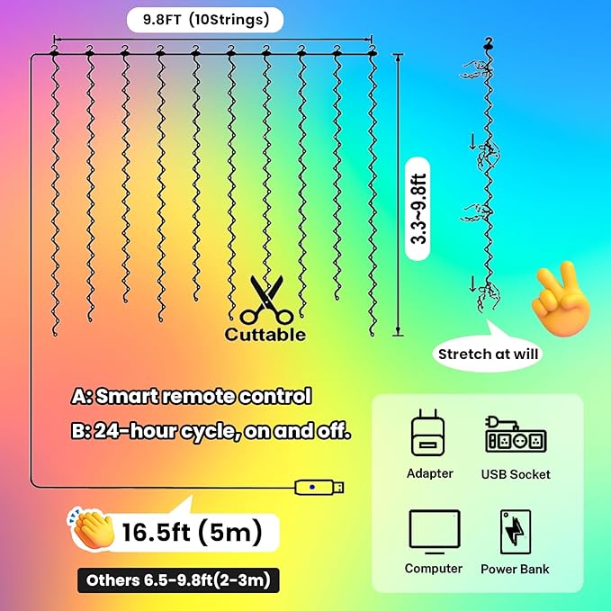 HXWEIYE 300LED Fairy Curtain Lights, 9.8x9.8Ft USB Plug-in 8 Modes Christmas String Hanging Lights with Remote for Bedroom Backdrop Wedding Party Indoor Wall Decor, Multicolor