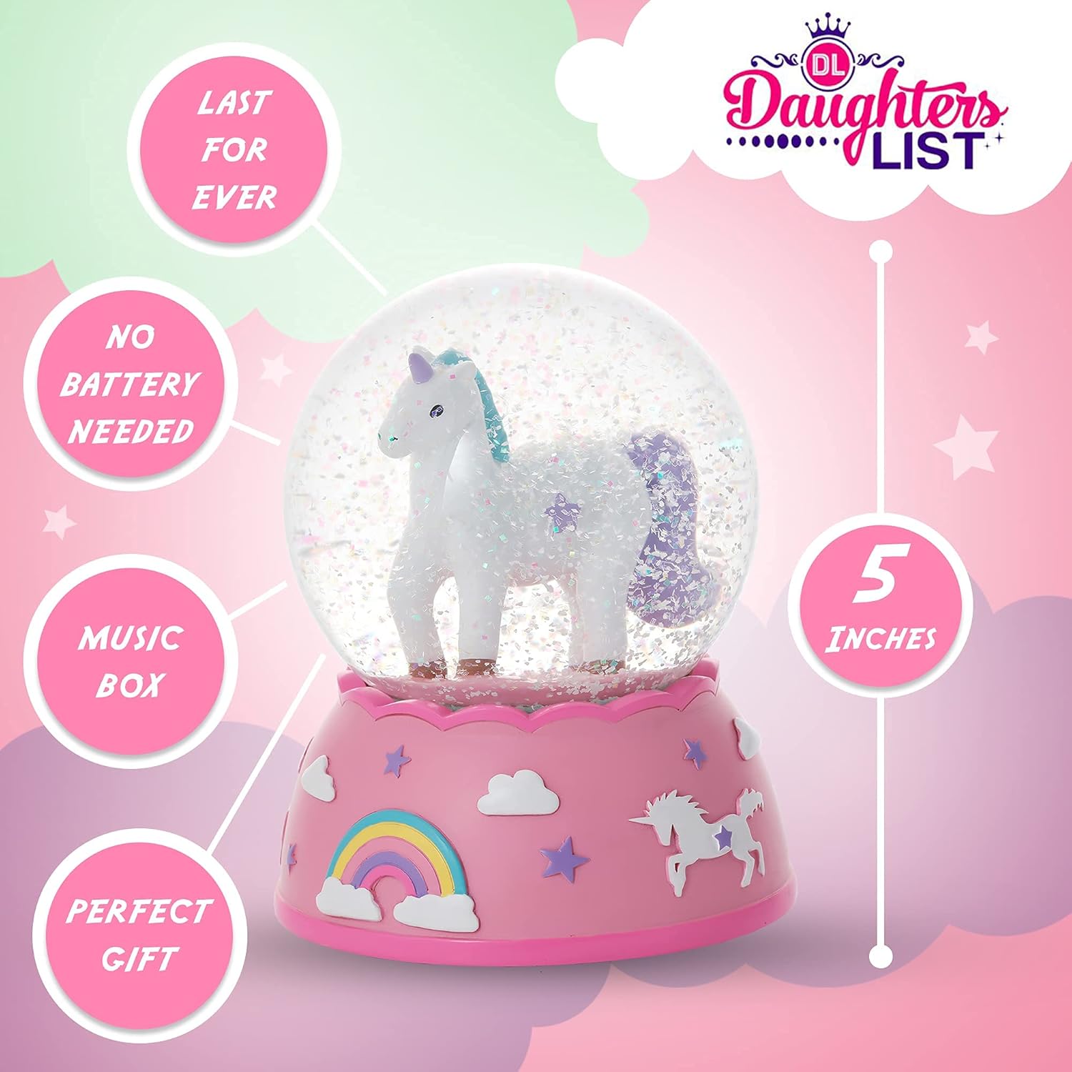 Shatterproof Unicorn Snow Globe for Girls - Hand-Painted Musical Water Globe with Glitter - Plastic Unbreakable Kids Snow Globe - Gift for Toddlers & Little Girls Ages 3+