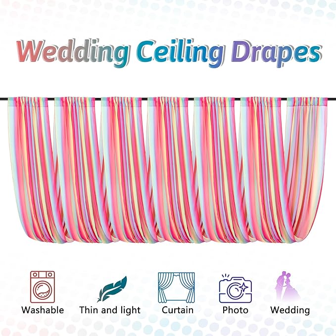 DUOBAO Rainbow Chiffon Ceiling Drapes 59''x20FT 6 Panels Sheer Arch Draping Fabric for Event Party Supplie, Baby Shower Photo Booth Background Supplies, Colorful Backdrop