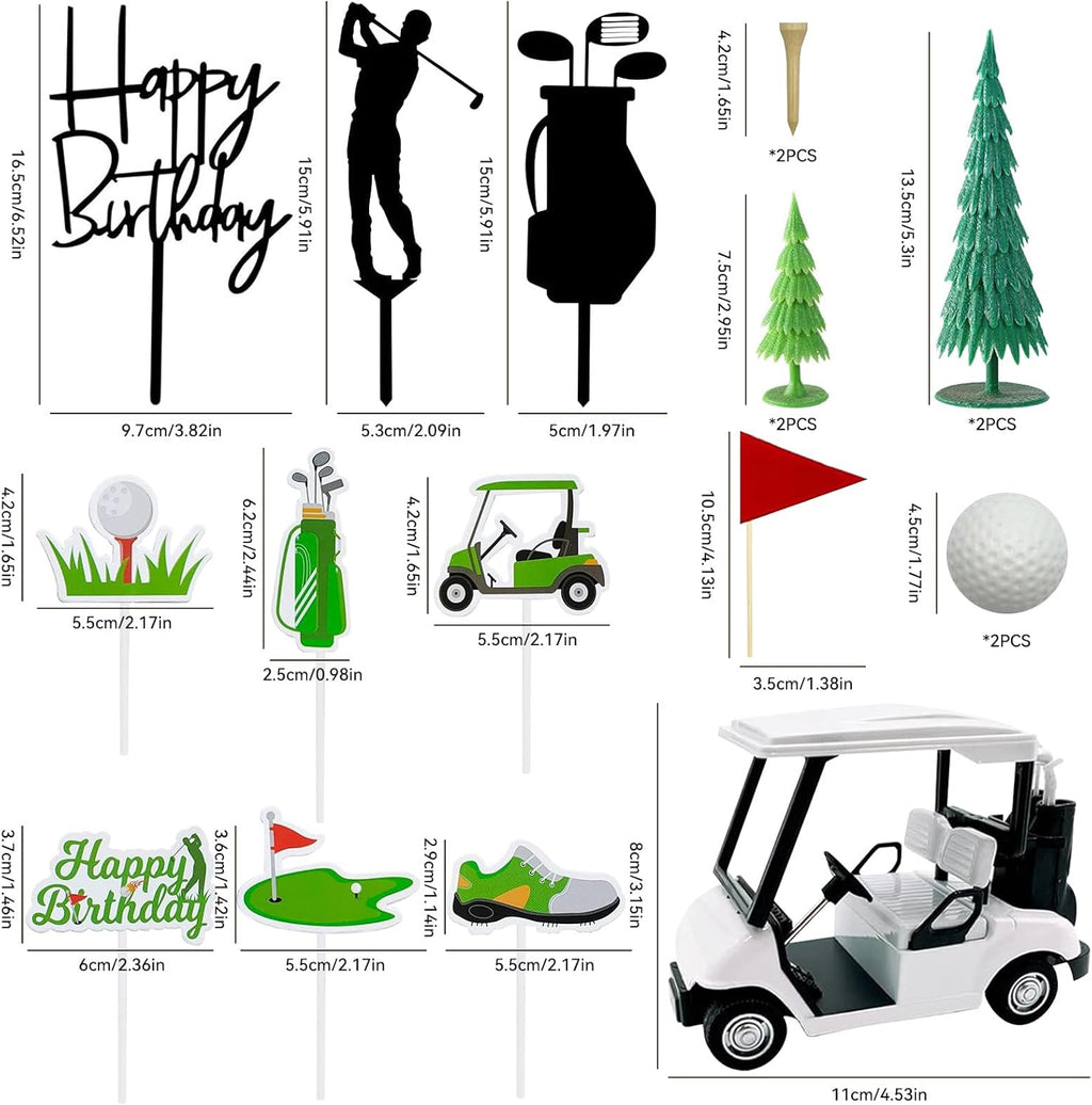 2026 New Golf Cake Decorations with Mini Cart, Clubs, Ball, Green Tree, Red Flag Cupcake Toppers, for Golf Theme Birthday Party Decoration Supplies